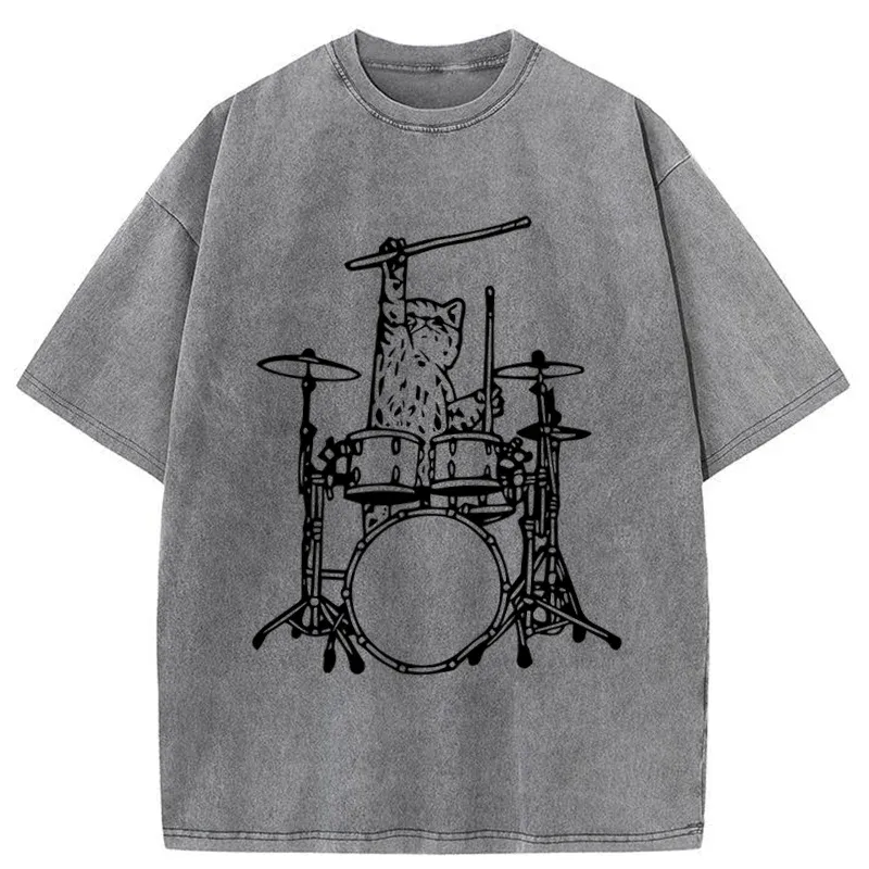 Tokyo-Tiger Handsome Cat Drummer Washed T-Shirt