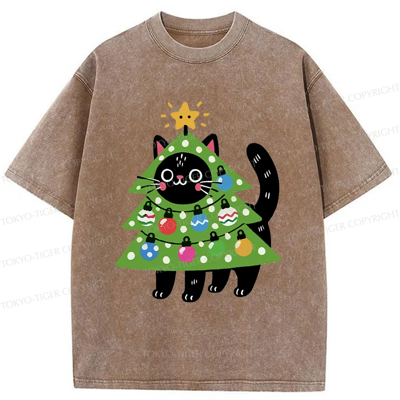Tokyo-Tiger Christmas Tree Cat Washed T-Shirt