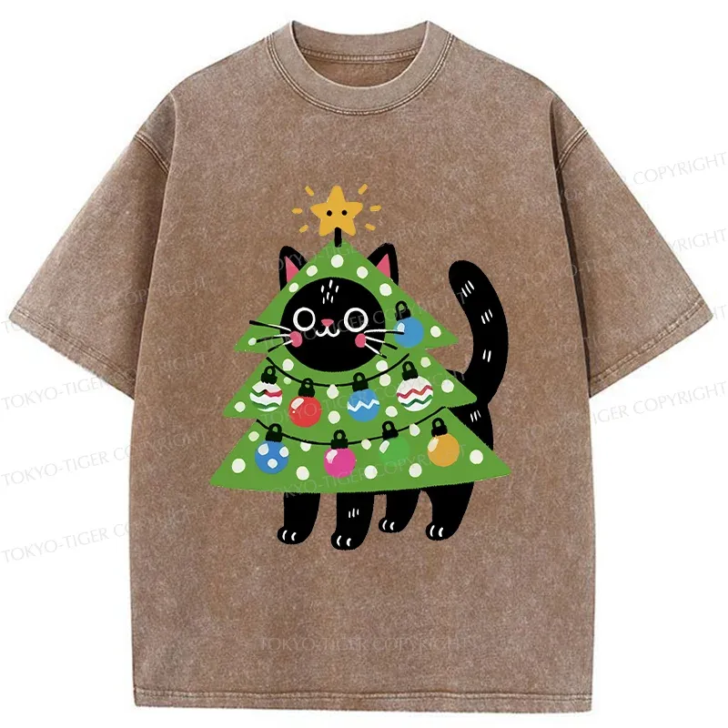 Tokyo-Tiger Christmas Tree Cat Washed T-Shirt