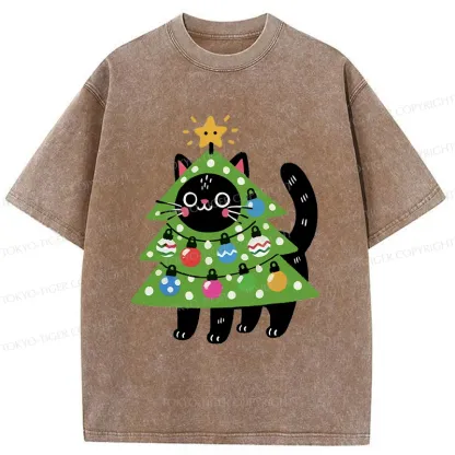 Tokyo-Tiger Christmas Tree Cat Washed T-Shirt