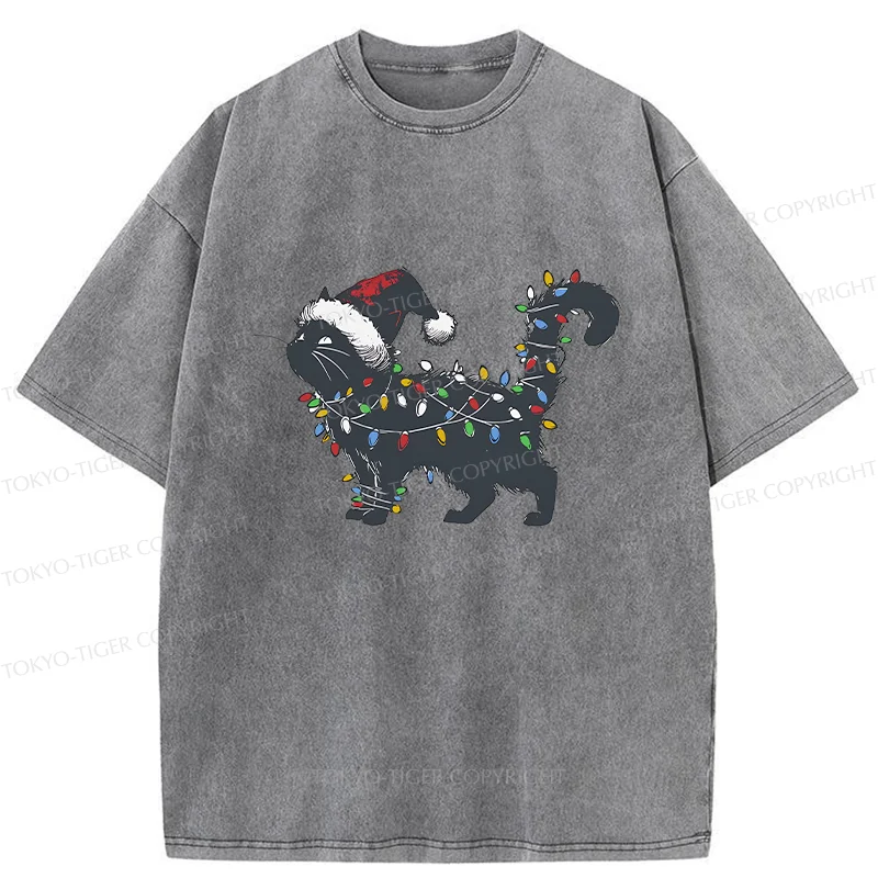 Tokyo-Tiger Cat Entangled In Christmas Lights Washed T-Shirt
