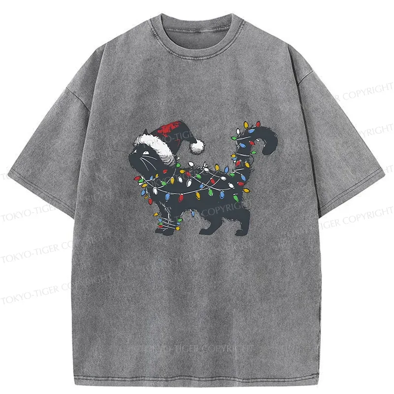 Tokyo-Tiger Cat Entangled In Christmas Lights Washed T-Shirt