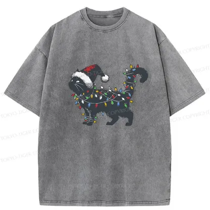 Tokyo-Tiger Cat Entangled In Christmas Lights Washed T-Shirt