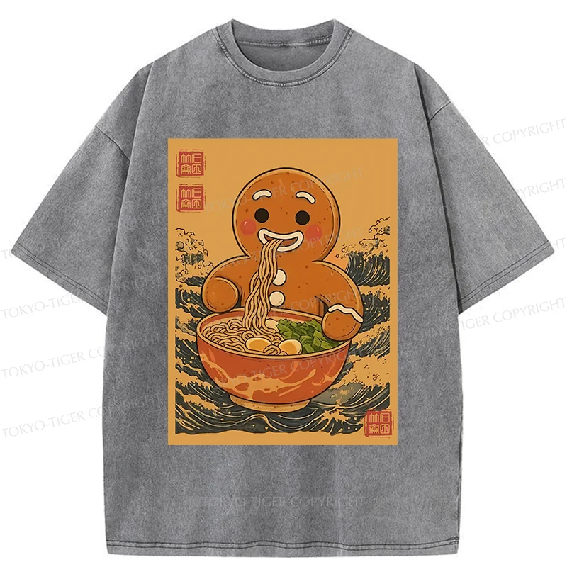 Tokyo-Tiger Gingerbread Man Eating Ramen Washed T-Shirt