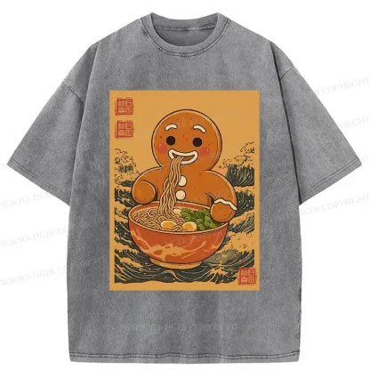 Tokyo-Tiger Gingerbread Man Eating Ramen Washed T-Shirt
