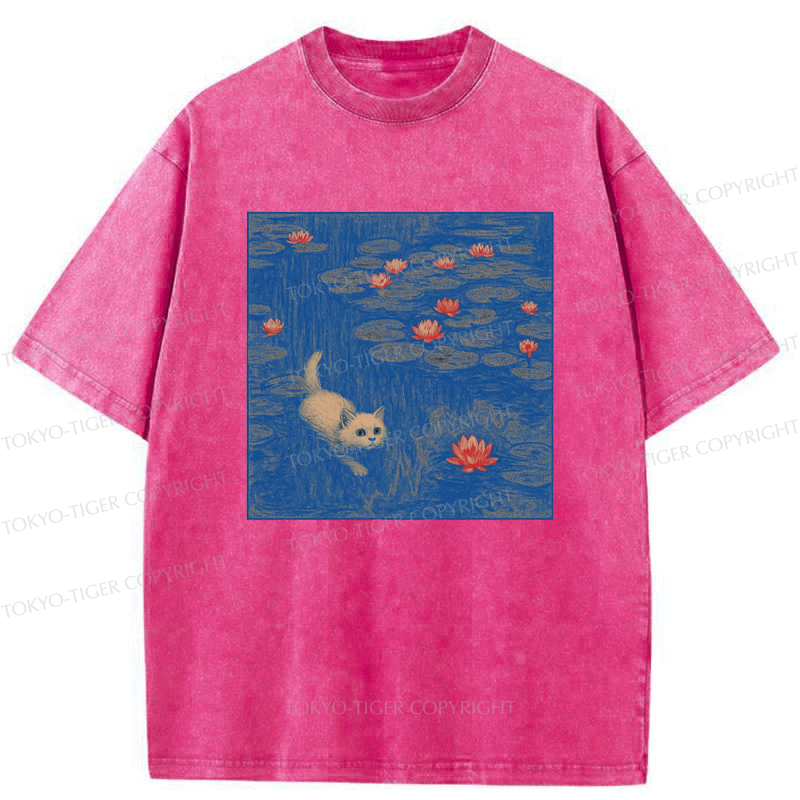 Tokyo-Tiger The Kitten Sneaking Into The Water Lilies Washed T-Shirt