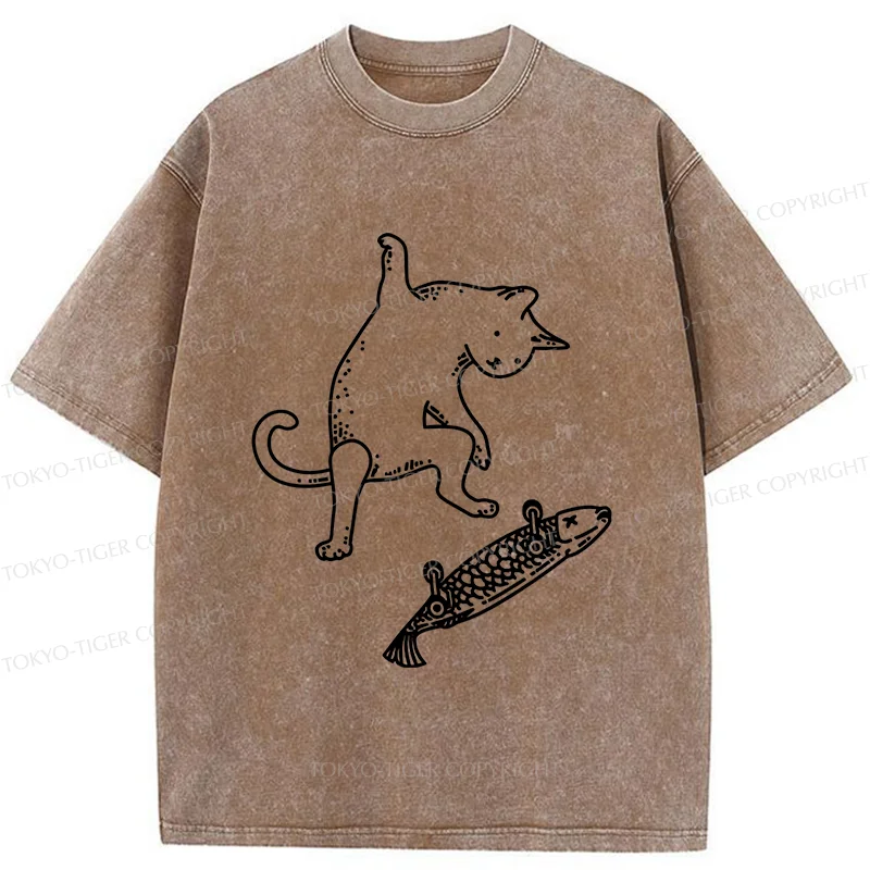 Tokyo-Tiger Cat Skateboarding Washed T-Shirt
