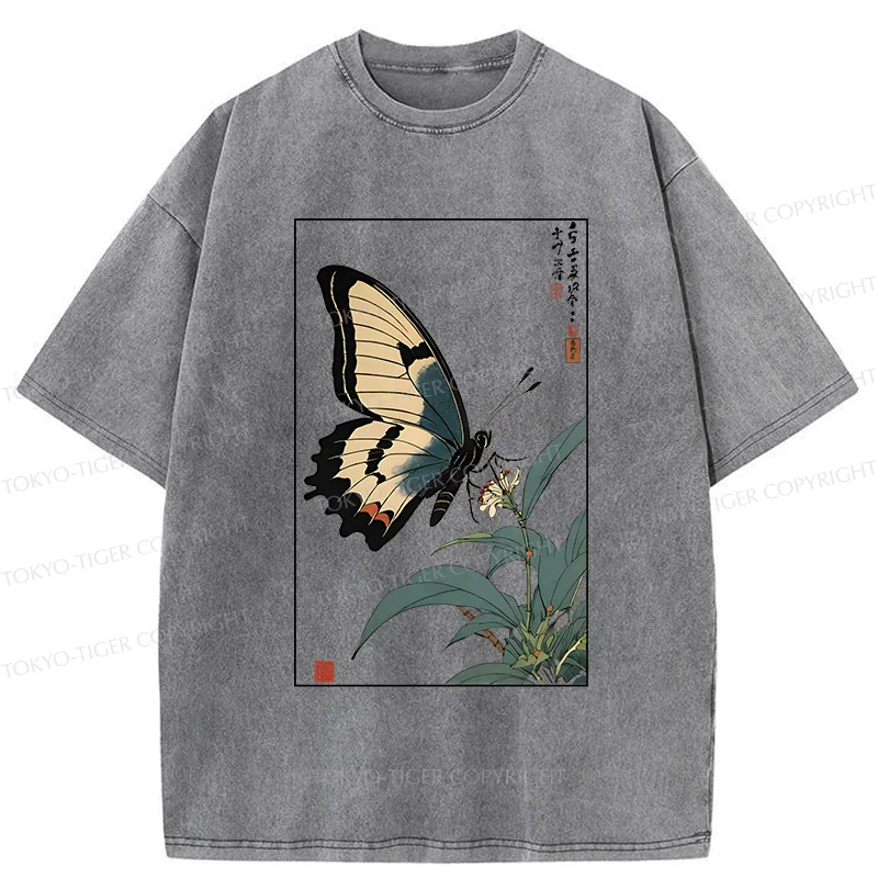 Tokyo-Tiger Ukiyo-e Butterfly Washed T-Shirt