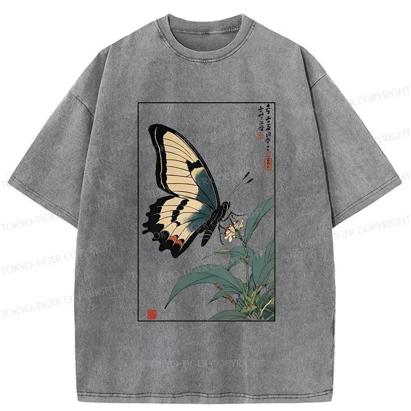Tokyo-Tiger Ukiyo-e Butterfly Washed T-Shirt