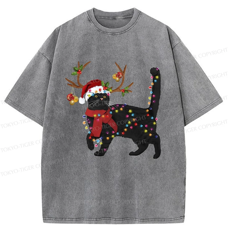 Tokyo-Tiger Christmas Black Cat Washed T-Shirt