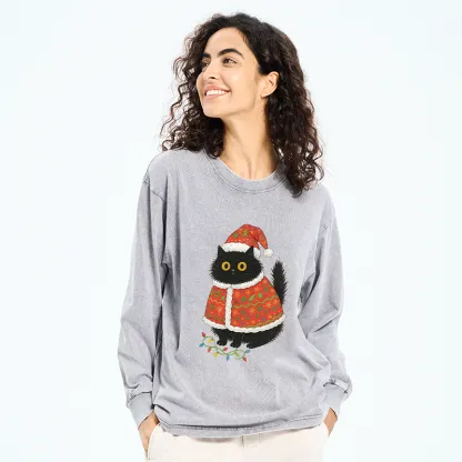 Tokyo-Tiger Cat Wearing Santa Hat Washed Long Sleeve T-Shirt