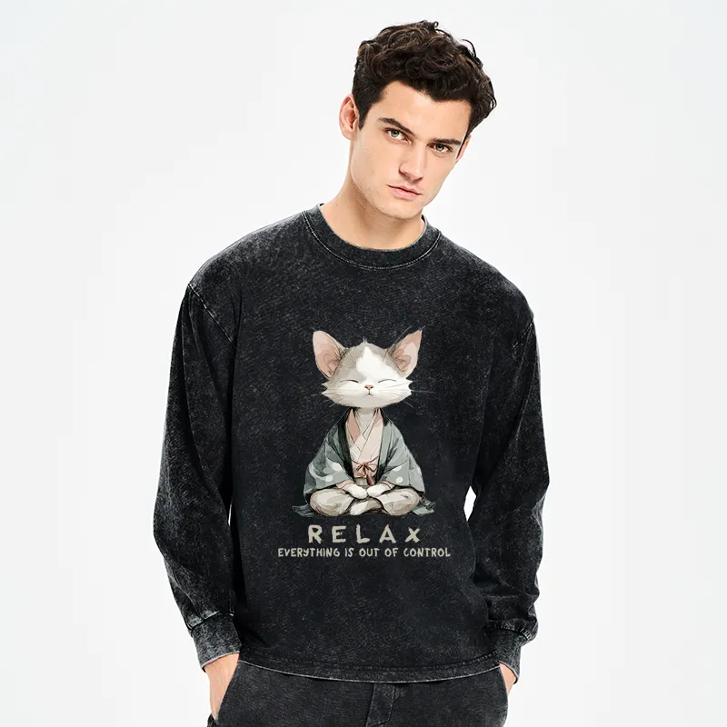 Tokyo-Tiger Zen Cat Relaxation，Everything's Out Of Control Washed Long Sleeve T-Shirt