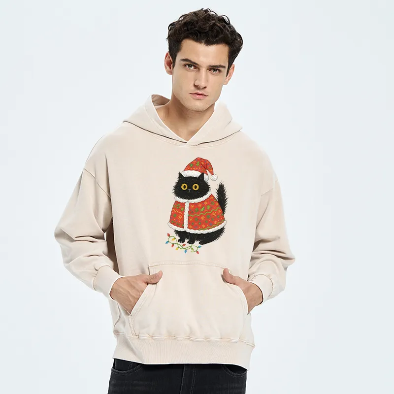 Tokyo-Tiger Cat Wearing Santa Hat Washed Hoodie