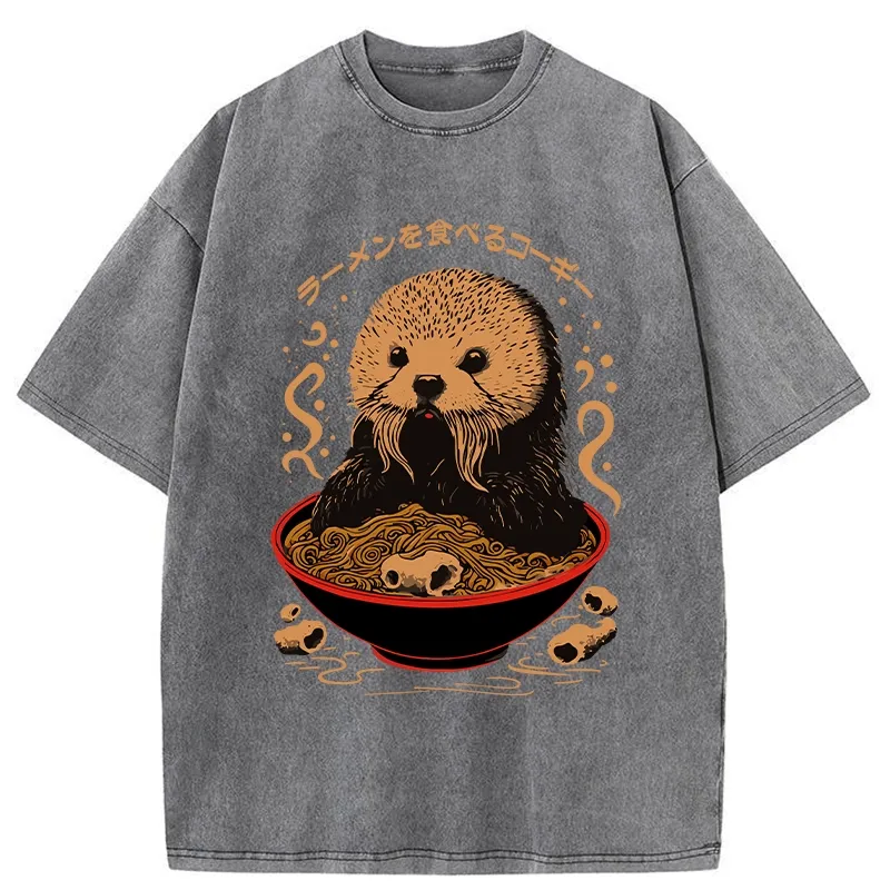 Tokyo-Tiger Otter Eating Ramen Washed T-Shirt