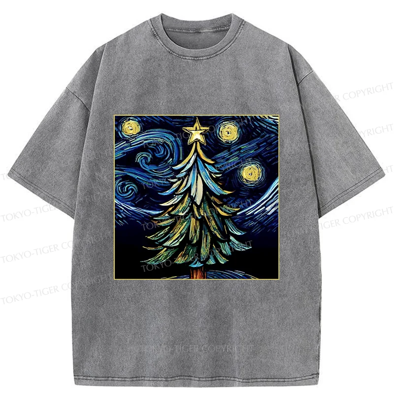 Tokyo-Tiger Christmas Tree Under The Starry Night Washed T-Shirt