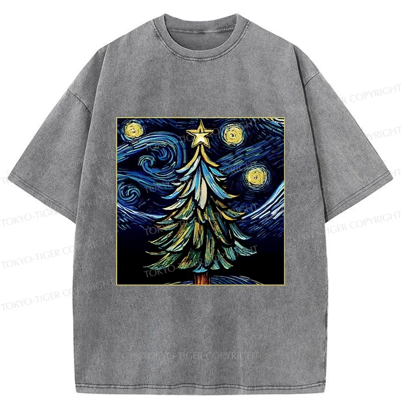 Tokyo-Tiger Christmas Tree Under The Starry Night Washed T-Shirt