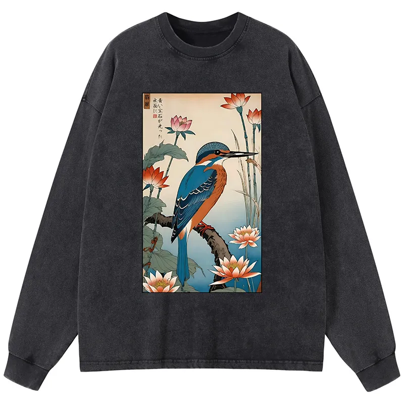 Tokyo-Tiger Ukiyo-e Kingfisher Washed Long Sleeve T-Shirt