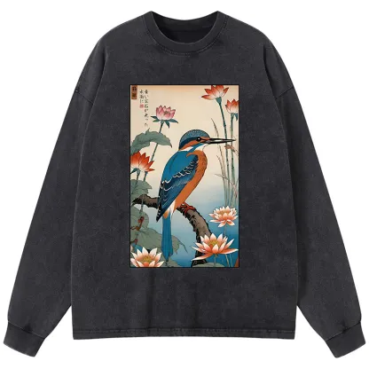 Tokyo-Tiger Ukiyo-e Kingfisher Washed Long Sleeve T-Shirt