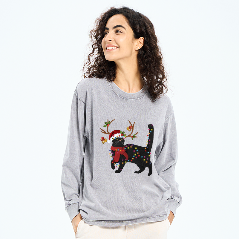 Tokyo-Tiger Christmas Black Cat Washed Long Sleeve T-Shirt
