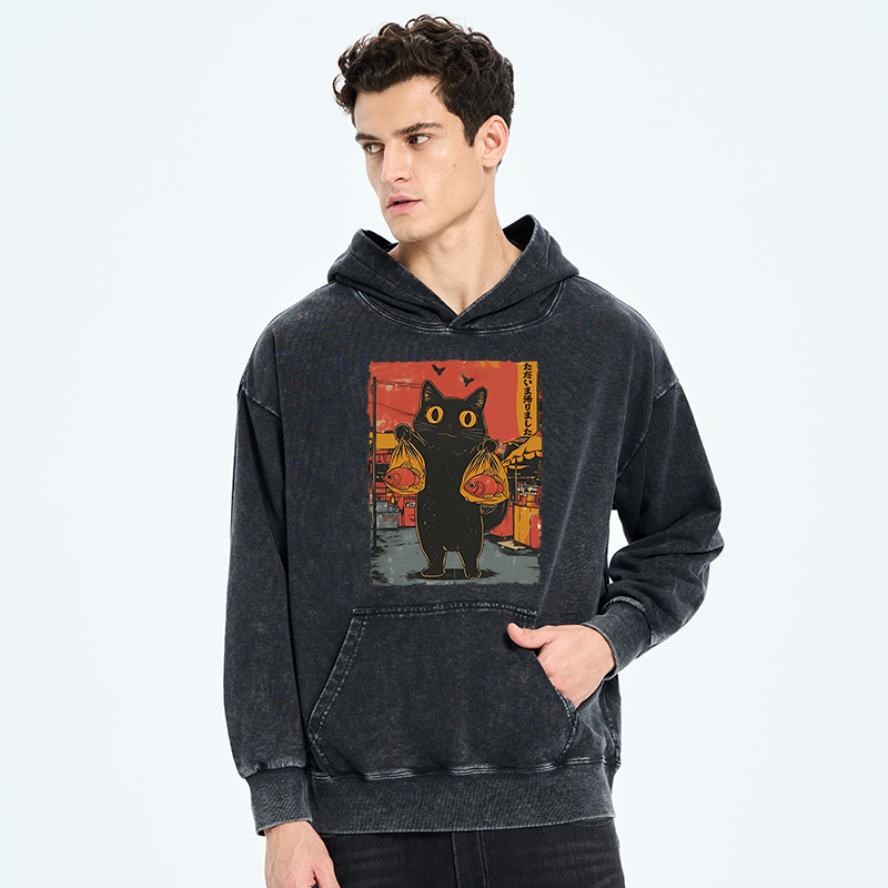 Tokyo-Tiger Cat Fishing Japanese Washed Hoodie