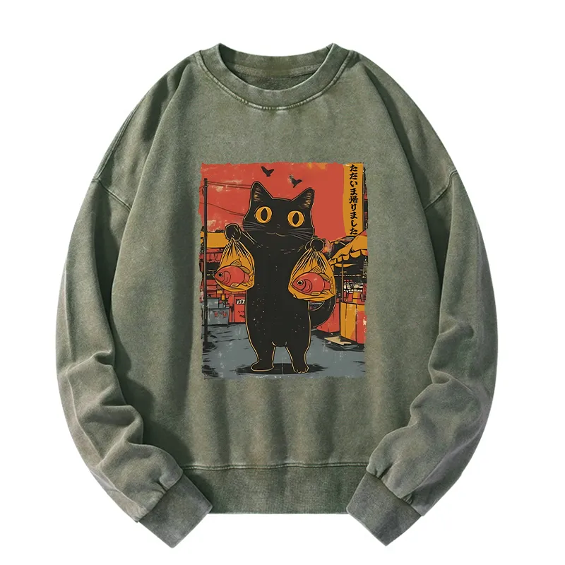 Tokyo-Tiger Cat Fishing Japanese Washed Sweatshirt