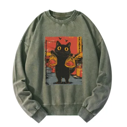 Tokyo-Tiger Cat Fishing Japanese Washed Sweatshirt