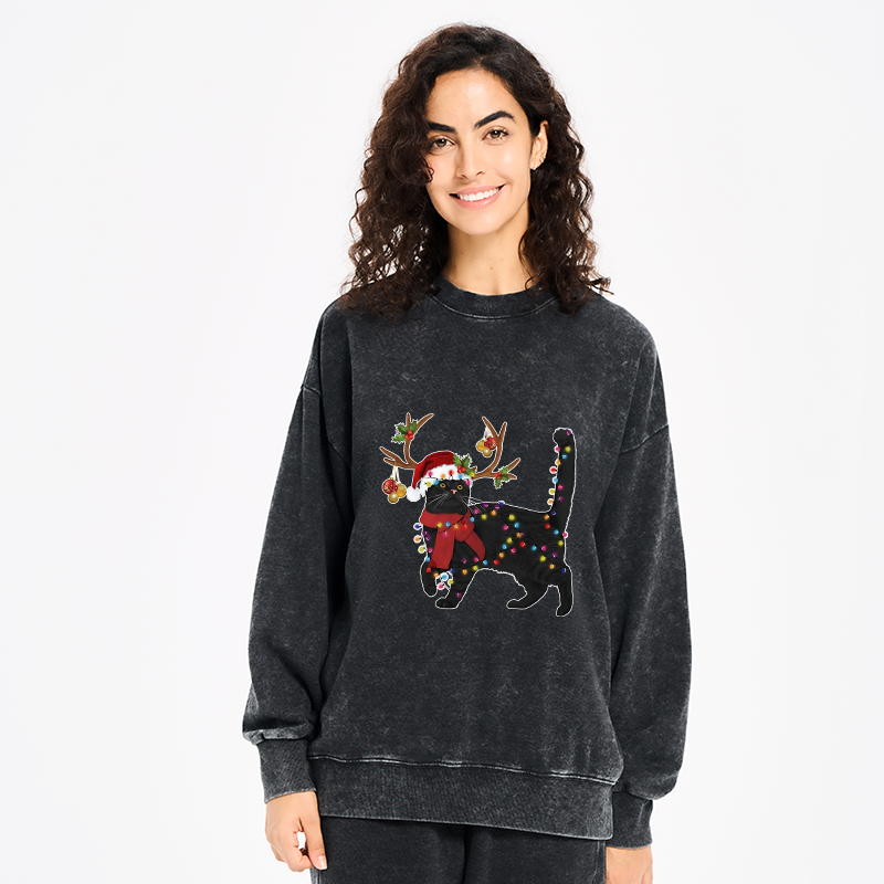 Tokyo-Tiger Christmas Black Cat Washed Sweatshirt