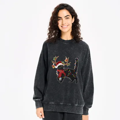Tokyo-Tiger Christmas Black Cat Washed Sweatshirt
