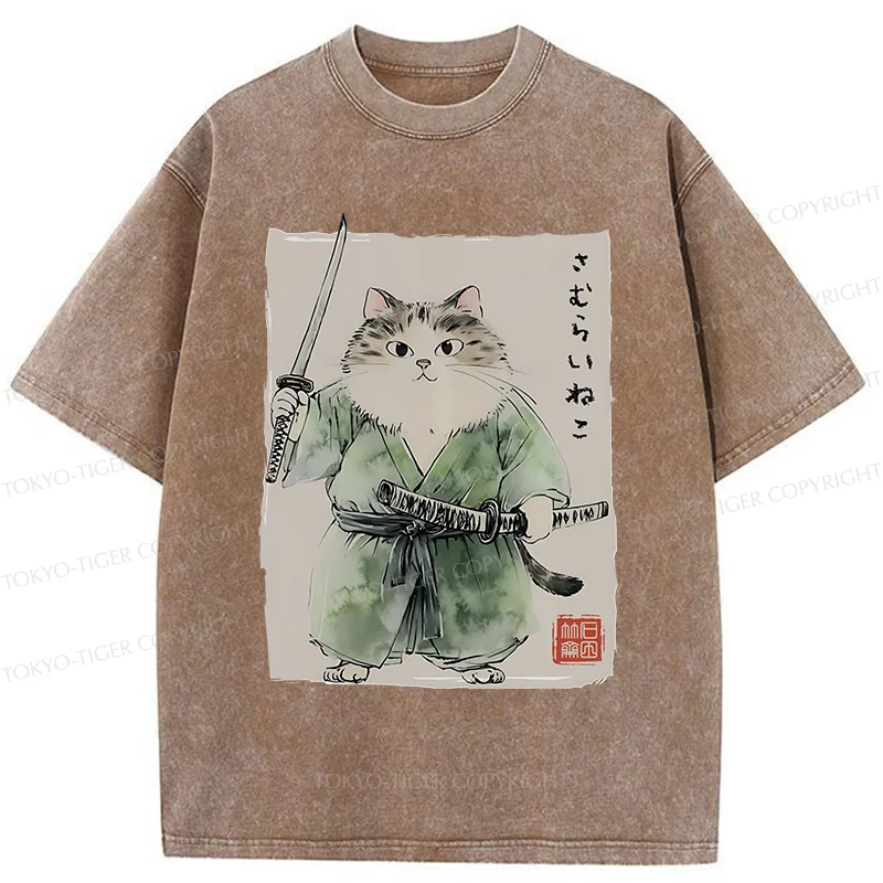 Tokyo-Tiger Fat Cat Samurai Washed T-Shirt