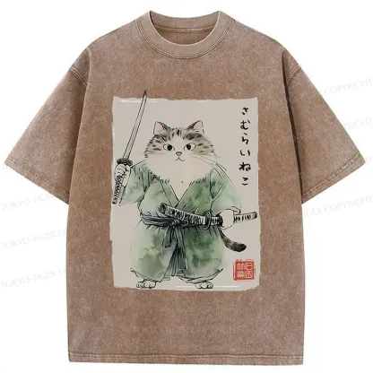 Tokyo-Tiger Fat Cat Samurai Washed T-Shirt