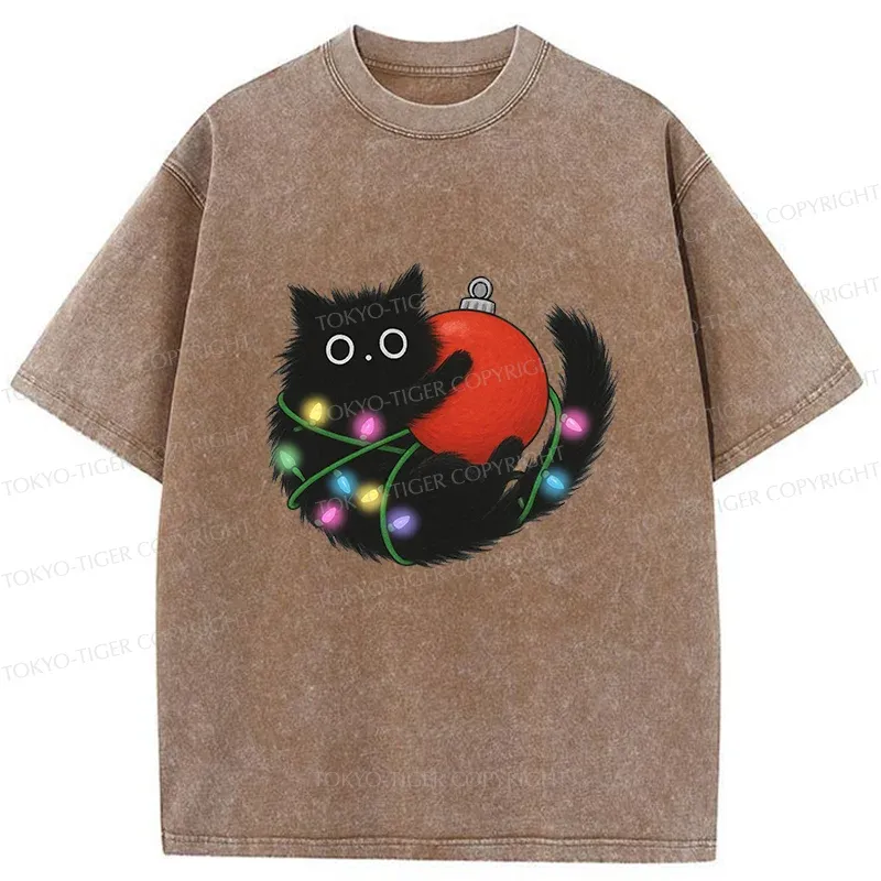 Tokyo-Tiger Black Cat Entangled In Light Strips Washed T-Shirt