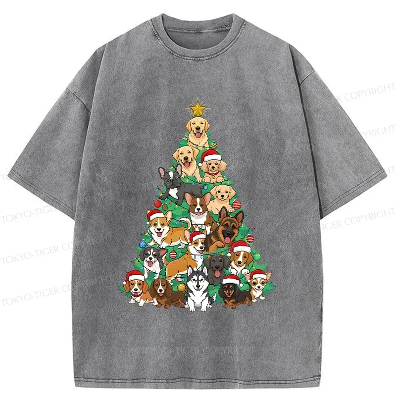 Tokyo-Tiger Christmas Tree Dog Funny Washed T-Shirt
