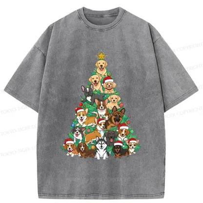 Tokyo-Tiger Christmas Tree Dog Funny Washed T-Shirt