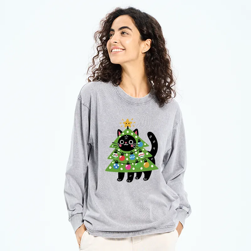 Tokyo-Tiger Christmas Tree Cat Washed Long Sleeve T-Shirt