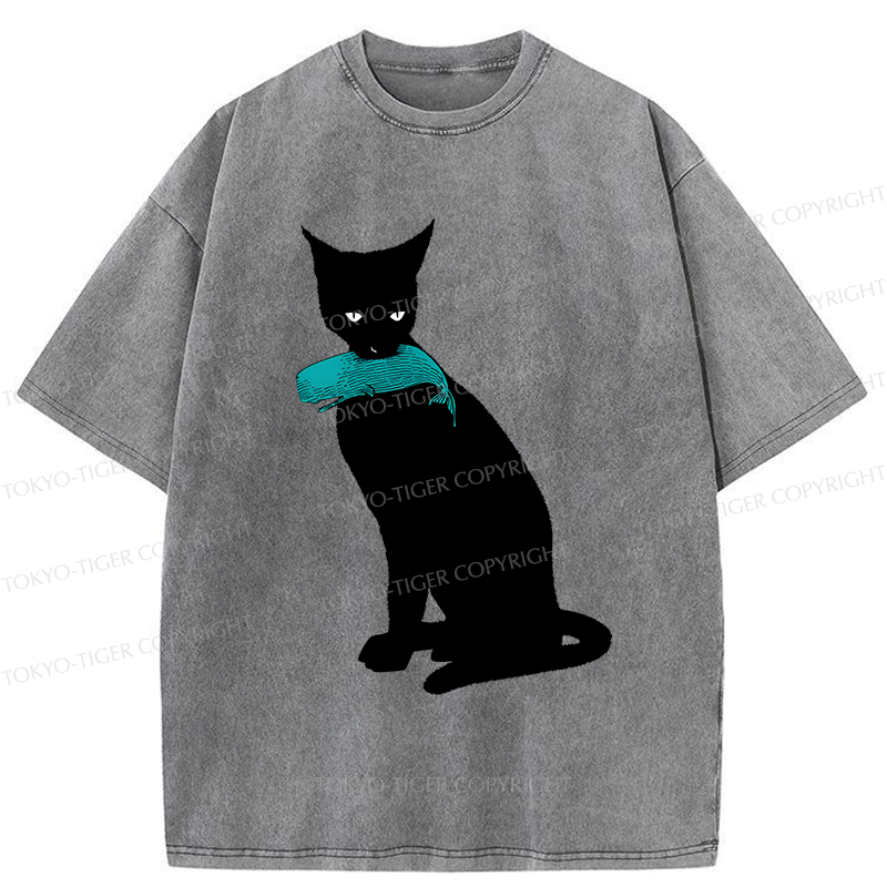 Tokyo-Tiger Cat Eats Whale Washed T-Shirt
