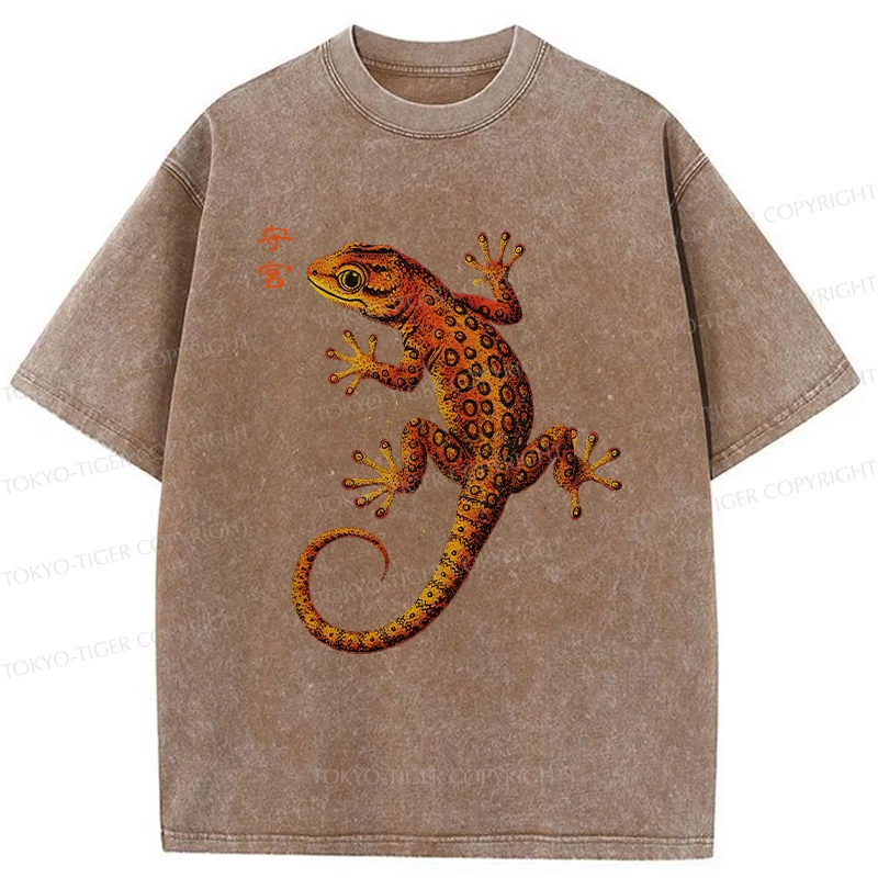 Tokyo-Tiger Retro Gecko Funny Washed T-Shirt