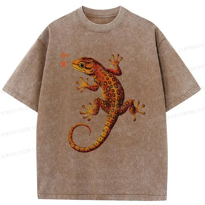 Tokyo-Tiger Retro Gecko Funny Washed T-Shirt