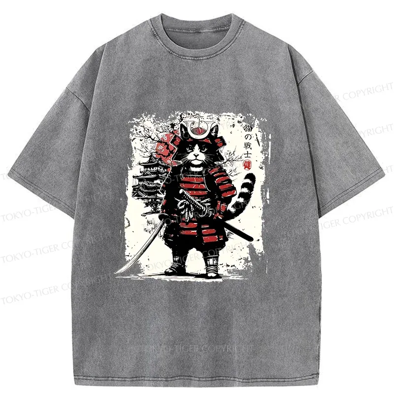 Tokyo-Tiger Retro Cat Japanese Samurai Washed T-Shirt