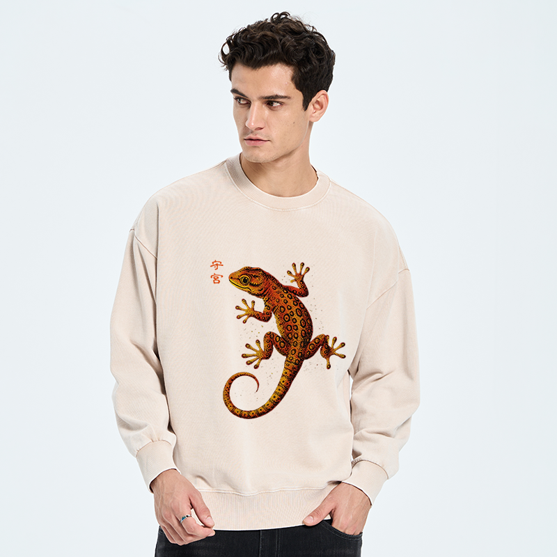 Tokyo-Tiger Retro Gecko Funny Washed Sweatshirt
