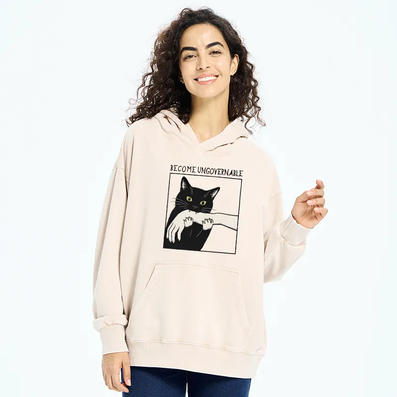 Tokyo-Tiger Black Cat Biting Washed Hoodie