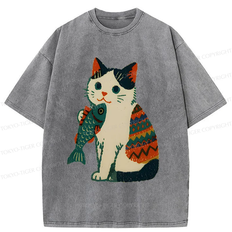Tokyo-Tiger Retro Kitten Catching Fish Washed T-Shirt