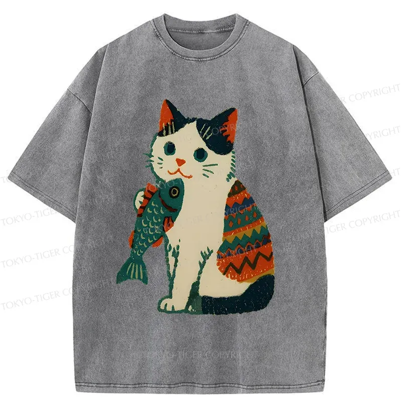 Tokyo-Tiger Retro Kitten Catching Fish Washed T-Shirt