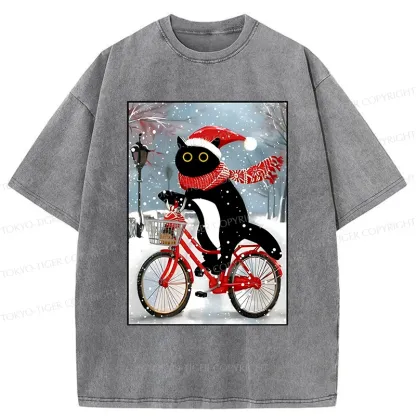 Tokyo-Tiger Black Cat Riding A Bicycle Washed T-Shirt