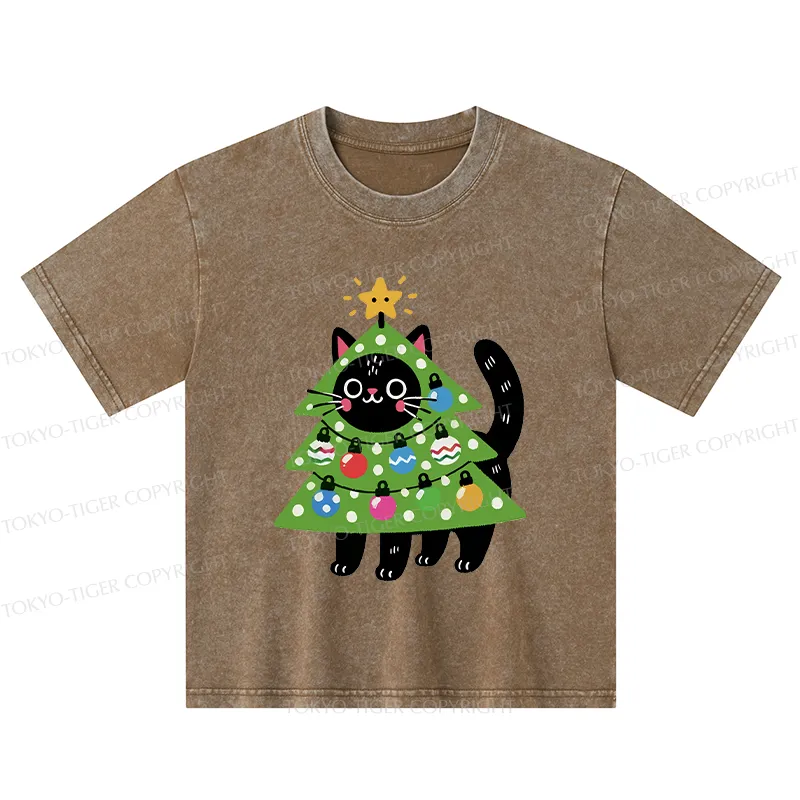 Tokyo-Tiger Christmas Tree Cat Kids Washed T-Shirt