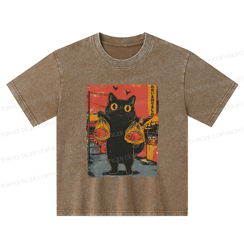 Tokyo-Tiger Cat Fishing Japanese Kids Washed T-Shirt