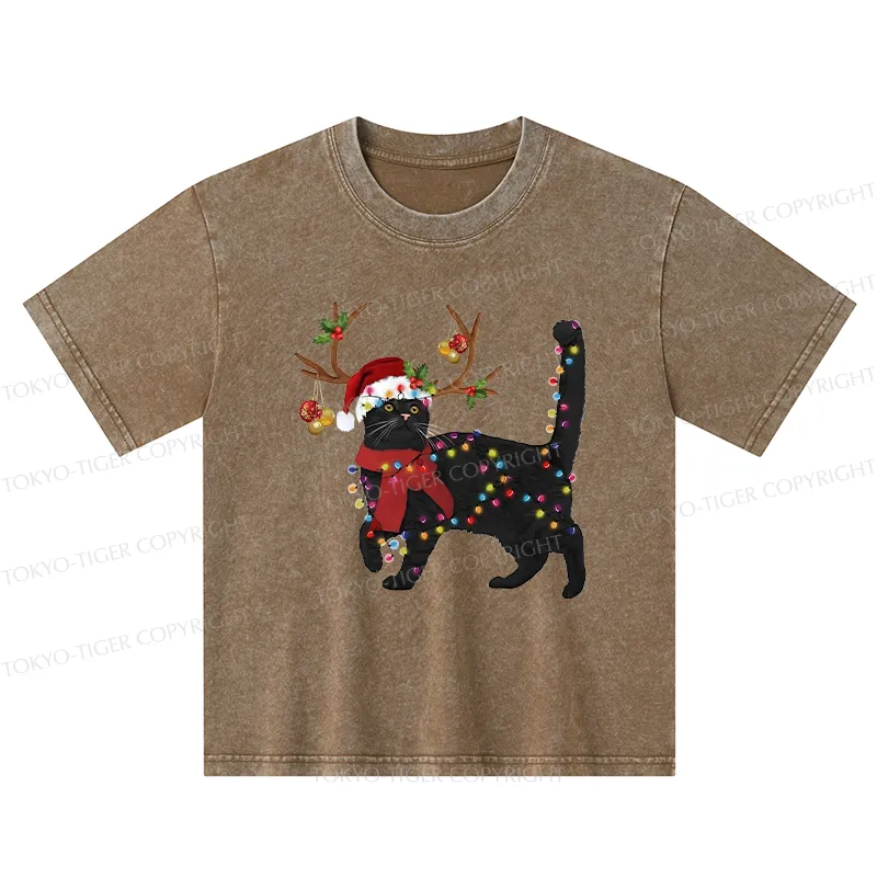 Tokyo-Tiger Christmas Black Cat Kids Washed T-Shirt