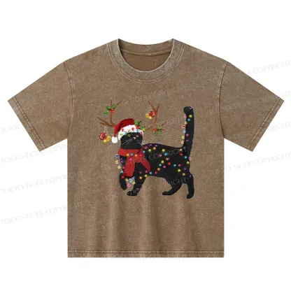 Tokyo-Tiger Christmas Black Cat Kids Washed T-Shirt