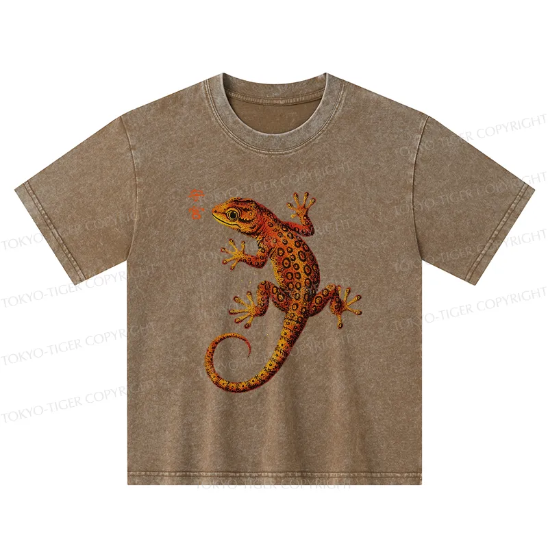Tokyo-Tiger Retro Gecko Funny Kids Washed T-Shirt