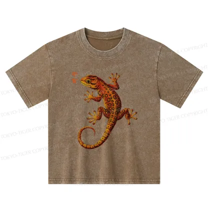 Tokyo-Tiger Retro Gecko Funny Kids Washed T-Shirt