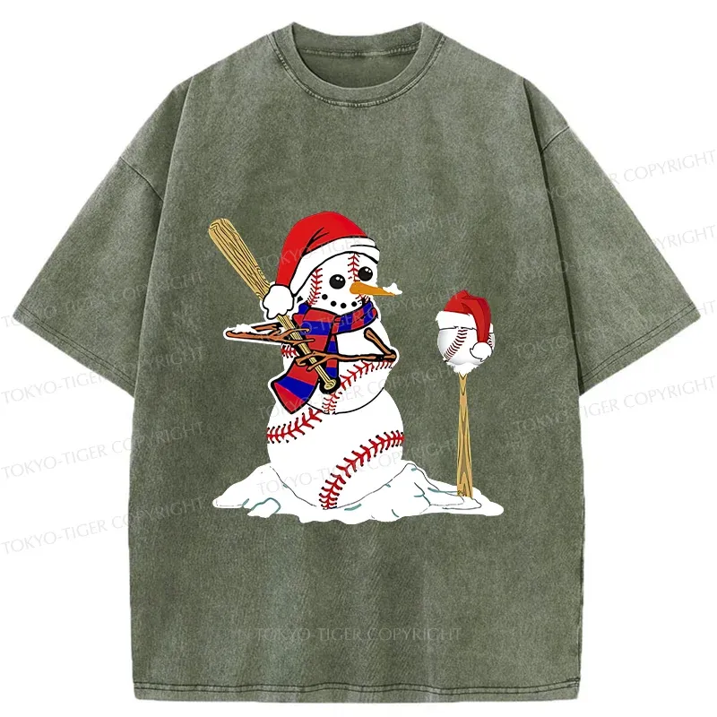 Tokyo-Tiger Snowman Playing Baseball Washed T-Shirt Sale